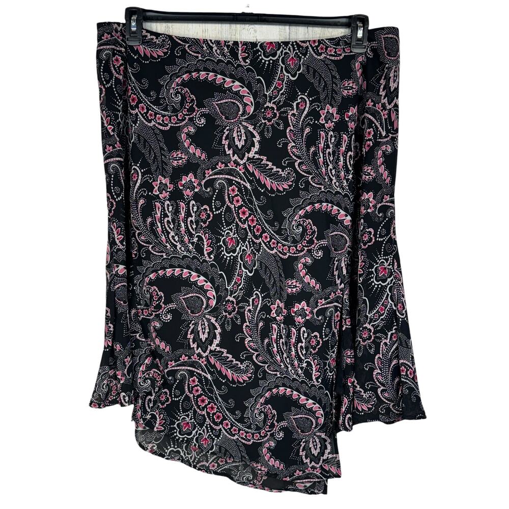 Lane Bryant SZ 22/24 Midi Skirt Floral Asymmetrical Hem Lined Pull-On Black Pink